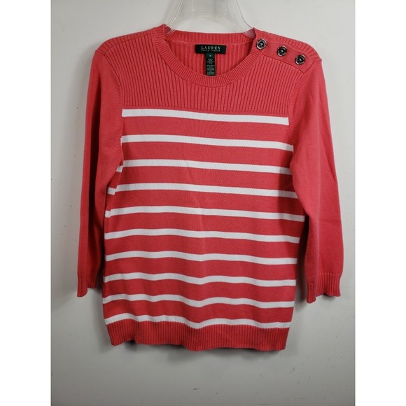 Womens Ralph Lauren Medium Sweater Striped White Pink w/ Cotton Stretch - Picture 2 of 11